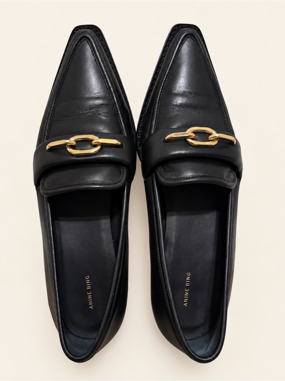 🦋 ANINE BING| Selma Black Leather Gold Hardware Pointed Toe Loafers 38